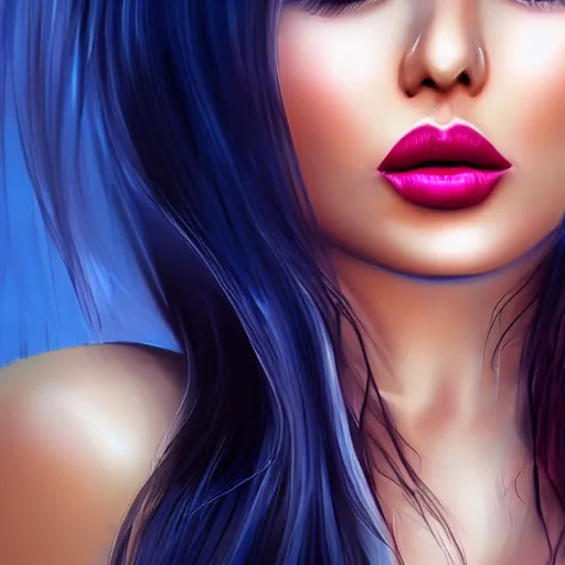 Prompt: portait of haifa wehbe, concept art, perfect lips, lollipop mouth, long hair centred, hd, very detailed curve, digital painting, unreal engine, amazing blue background theme