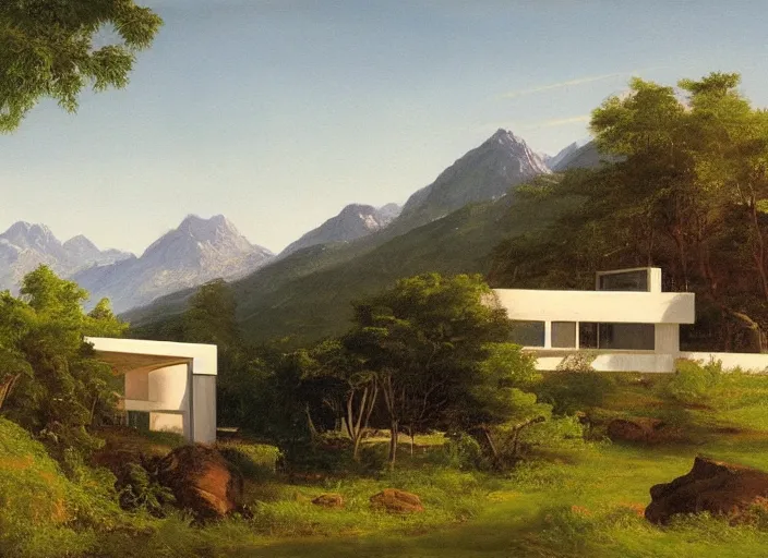 Image similar to painting of a richard neutra house in front of beautiful mountains by thomas cole