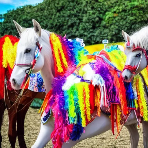 Image similar to horses dressed in festival clothes at a festival