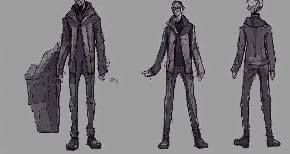 Image similar to concept art of a lean and lanky man that has a TV as a head and wears a cyberpunk coat, concept art, turnaround world building, character design