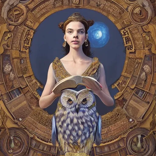 Image similar to a portrait of a older anya taylor - joy as the goddess minerva surrounded by stacks of books, owls, bioluminescent gown with deep level of detail of esoteric symbols, urban motifs, intricate, elegant, highly detailed, digital painting, trending on artstation, smooth sharp focus, illustration, art by artgerm and greg rutkowski