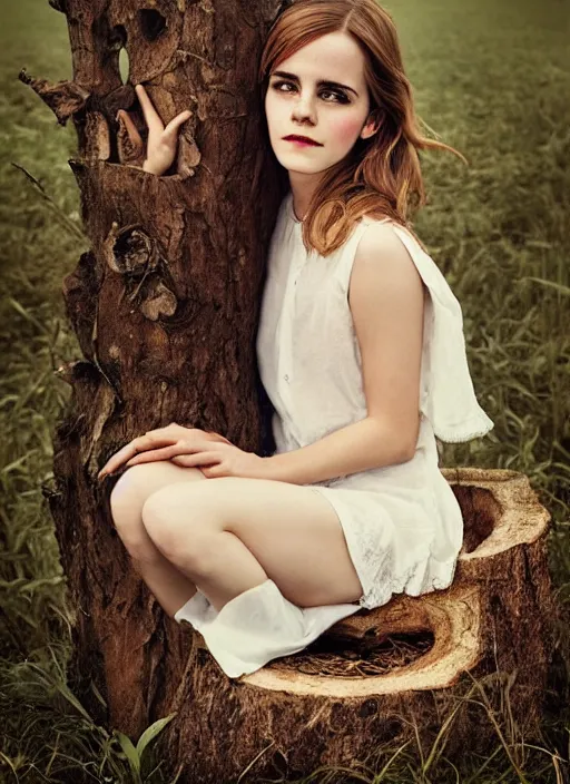 Prompt: facial portrait of emma watson sitting on a tree stump in a field, by oleg oprisco