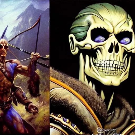 Image similar to ultra realistic portrait painting of skeletor as legolas, art by frank frazetta, 4 k, ultra realistic, highly detailed, epic lighting