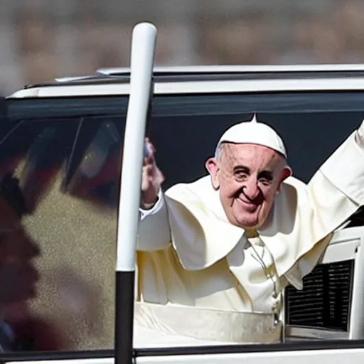 Prompt: the pope doing a drive-by shooting in the popemobile