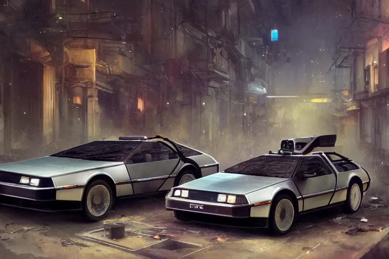 Image similar to photograph of the delorean, with a sleek spoiler, driving down the streets of a cyberpunk abandoned city, by greg rutkowski, by stanley artgerm, by alphonse mucha