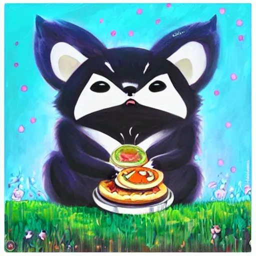 Image similar to a jeremiah ketner and studio ghibli acrylic impasto! painting! of a sad and teary and adorable and cute raccoon eating pizza