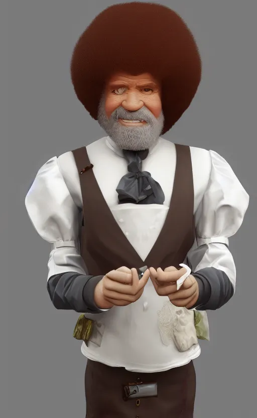 Image similar to Bob Ross is dressed in a maids outfit, hyperdetailed, artstation, cgsociety, 8k