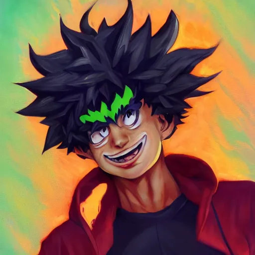 Prompt: an oil painting of a izuku midoriya wearing a hip - hop halloween costume of the devil, by artgerm, hd, hdr, ue 5, ue 6, unreal engine 5, realistic anime 3 d style, cinematic 4 k wallpaper, 8 k, ultra detailed, gta cover art, high resolution, artstation, award winning