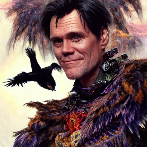 Image similar to jim carrey controlling evil ravens, demonic, evil, satanic, intricate, highly detailed, digital painting, artstation, concept art, smooth, sharp focus, illustration, unreal engine 5, 8 k, art by artgerm and greg rutkowski and alphonse mucha