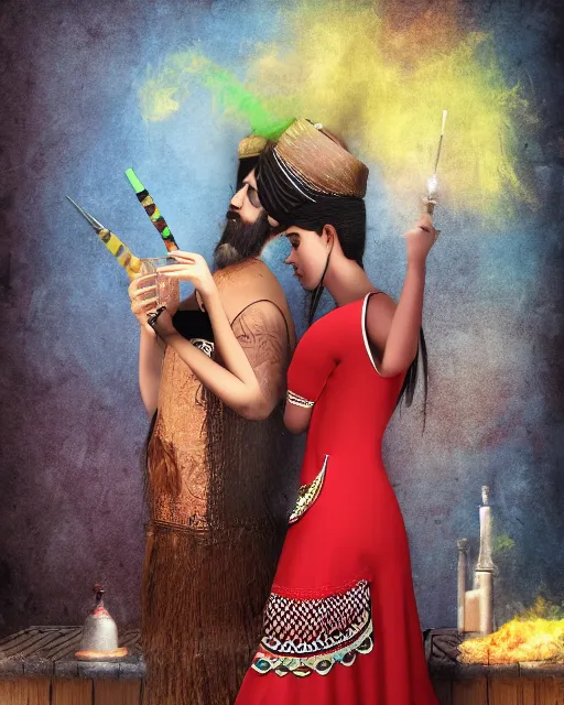 Image similar to chad bearded guy smoking hookah on a date with girl in turkish national dress, acid trip style, artwork, 4 k