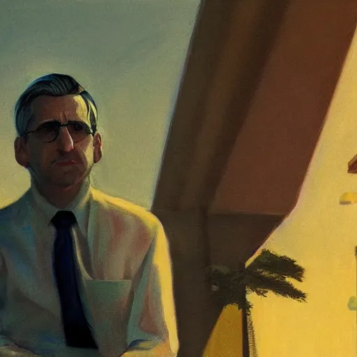 Prompt: a silver-haired steve carell, head and shoulders masterpiece, in rapture, golden hour, artstation, in the style of Art Deco and Edward Hopper and Bosch, extremely detailed