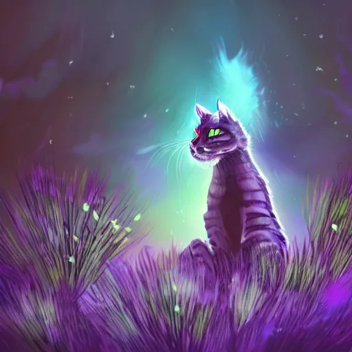 Prompt: illustration of a glowing cute blue warrior cat in grassy field with lavender, concept art, artstation, warrior cats, hd