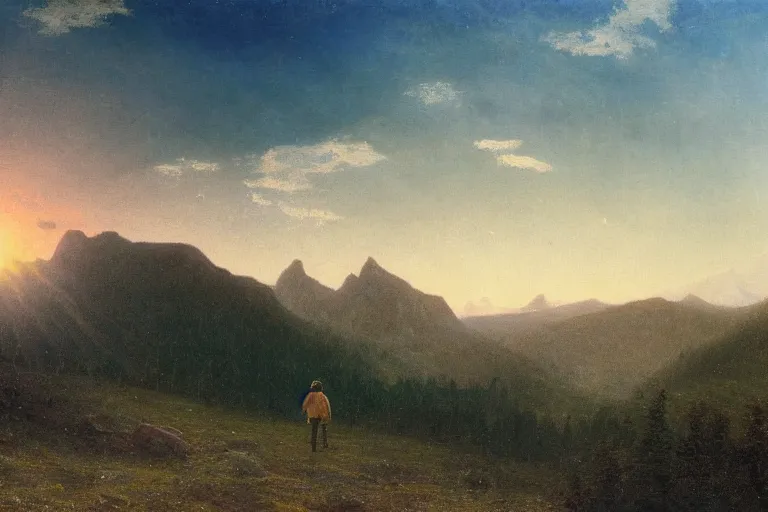 Image similar to a traveler wandering trough the mountains looking at the clouds, very detailed, focused, oil painting, cinematic lighting, albert bierstadt, trending on artstation, colorful, canvas, sunset, hans dahl, theodor kittelsen, hermann hendrich, national geographic, Konstantin Yakovlevich Kryzhitsky, beautiful nature, breathtakingn nordic, trees