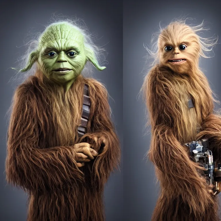 Image similar to chewbacca yoda hybrid from star wars, high quality portrait photoshoot, bokeh, studio lighting, high fashion photoshoot, nebula space background, 8 k