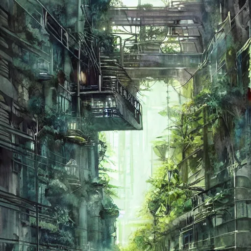 Prompt: Narrow cosy waterway in beautiful overgrown futuristic sci-fi city in harmony with nature. Nice colour scheme, soft warm colour. Beautiful detailed watercolor by Lurid. (2022)