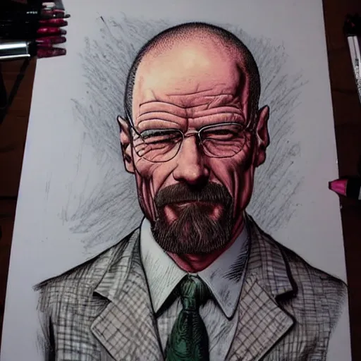 Image similar to The Artwork of R. Crumb and his Cheap Suit Breaking-Bad-Walter-White, pencil and colored marker artwork, trailer-trash lifestyle