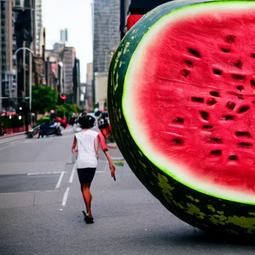 Image similar to Eventually, the giant watermelon made its way to a major city. It was destroying everything it came across, and the city was in chaos. Cinematic