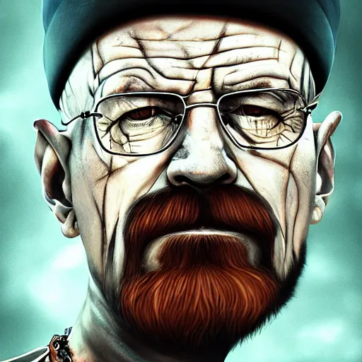 Image similar to Walter White Zombie Butcher, portrait, fantasy, medieval, vivid colors, elegant, concept art, sharp focus, beautiful face, digital art, Hyper-realistic, 4K, Unreal Engine, Highly Detailed, HD, Dramatic Lighting by Brom, trending on Artstation