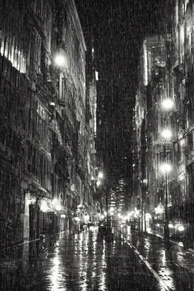 Prompt: city late at night under rain, dark