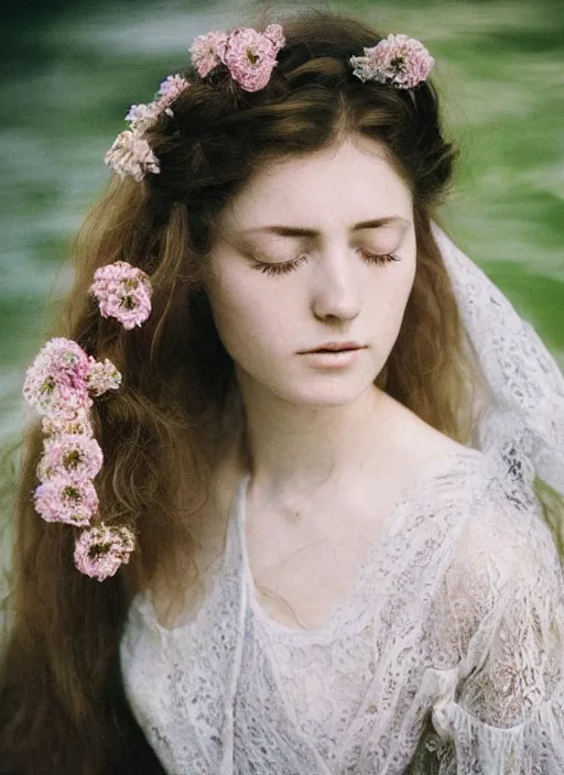 Image similar to Kodak Portra 400, 8K, soft light, volumetric lighting, highly detailed, britt marling style 3/4, Close-up portrait photography of a beautiful woman how pre-Raphaelites a woman with her eyes closed is surrounded by water, she has a beautiful lace dress and hair are intricate with highly detailed realistic beautiful flowers , Realistic, Refined, Highly Detailed, natural outdoor soft pastel lighting colors scheme, outdoor fine art photography, Hyper realistic, photo realistic