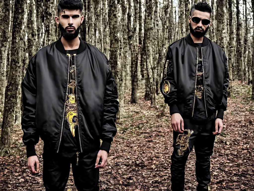 Image similar to versace avant garde male oversized bomber jacket necklace textiles streetwear cyberpunk black skin shaved head trimmed beard in the woods overcast late evening dramatic professional color 8 k hdr