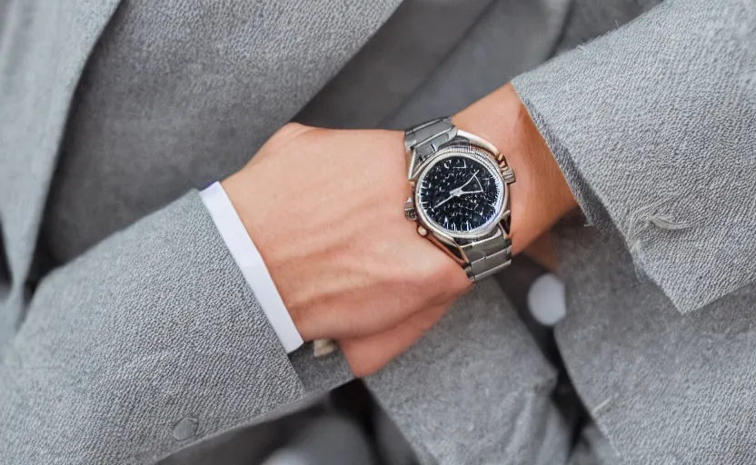 Image similar to omega speedmaster on the wrist of a lady with a wool suit