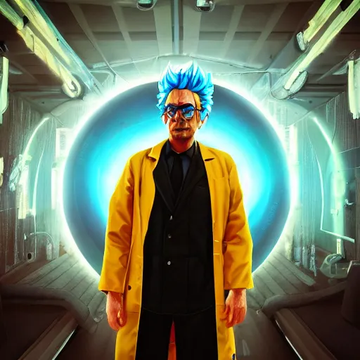 Image similar to portrait art of rick sanchez, lab coat, unibrow, 8 k ultra realistic, lens flare, atmosphere, glow, detailed, intricate, full of colour, cinematic lighting, trending on artstation, 4 k, hyperrealistic, focused, extreme details, unreal engine 5, cinematic, masterpiece