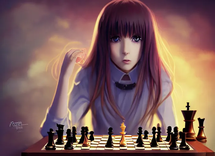 Image similar to rimuru playing chess, with amber eyes of golden colored eyes, straight hair, sky blue hair, long bangs, high collar, concept art, award winning photography, digital painting, cinematic, by wlop, anime key visual, wlop, 8 k, by ross tran, tom bagshaw, andy warhol