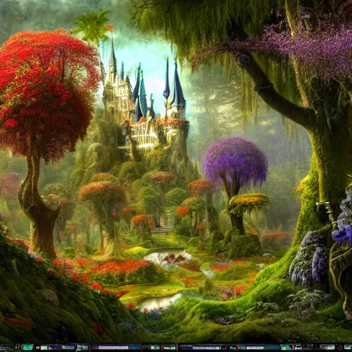 Image similar to a beautiful and highly detailed matte painting of a beautiful castle in a magical fantasy forest garden, psychedelic flowers and trees, colorful vegetation, epic scale, insanely complex, hyperdetailed, sharp focus, hyperrealism, artstation, cgsociety, 8 k, bright colors, by caspar friedrich, albert bierstadt, james gurney, brian froud,