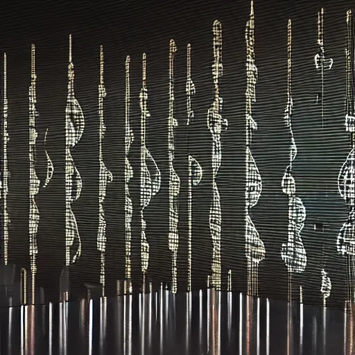 Image similar to a sculpture of music notation, three quater notes, art installation, made of polished reflective broze, cinematic light, rain, 8 k, unreal render, reflections,