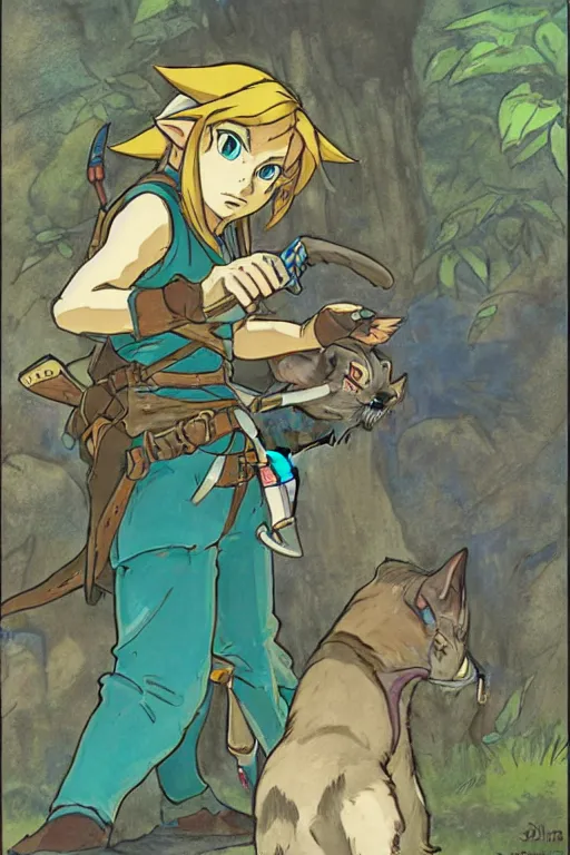 Prompt: link from The Legend of Zelda: Breath of the wild playing with a cat by studio ghibli and mucha