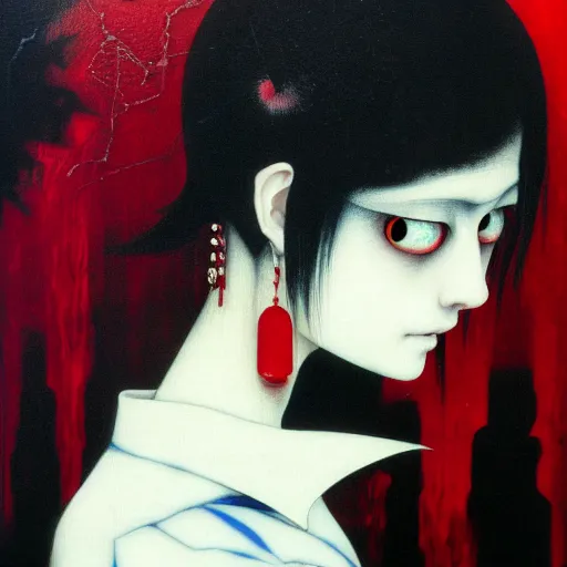 Image similar to yoshitaka amano blurred and dreamy realistic three quarter angle horror portrait of a sinister young woman with short black hair, big earrings and red eyes wearing office suit with tie, junji ito abstract patterns in the background, satoshi kon anime, noisy film grain effect, highly detailed, renaissance oil painting, weird portrait angle, blurred lost edges