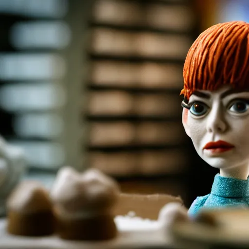 Image similar to a cinematic film still of a claymation stop motion film starring emma stone as shopkeeper, shallow depth of field, 8 0 mm, f 1. 8