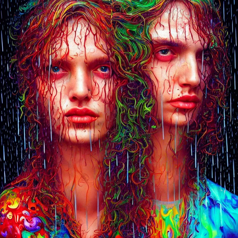 Image similar to bright asthetic portrait of LSD in rain with wet hair and face, liquid, fantasy, intricate, elegant, dramatic lighting, highly detailed, lifelike, photorealistic, digital painting, artstation, illustration, concept art, smooth, sharp focus, art by John Collier and Albert Aublet and Krenz Cushart and Artem Demura and Alphonse Mucha