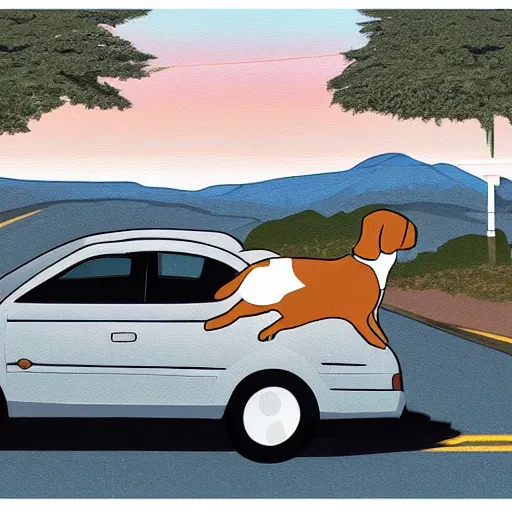 Prompt: a car with two dogs in the front seats, a happy dog in the back seat, driving on a country road, photorealistic