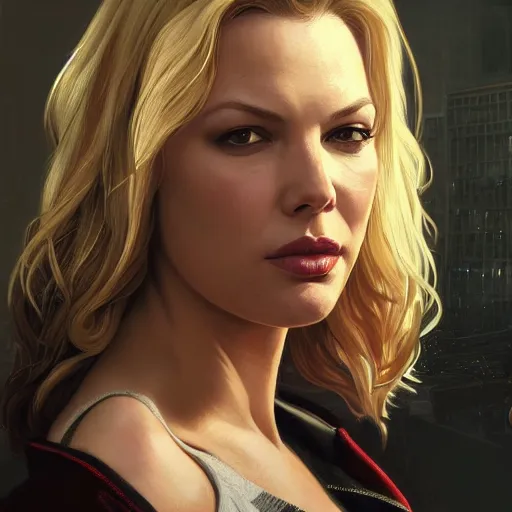 Image similar to Katherine Heigl with blonde hair as a lowlife thug as a grand theft auto 5 loading screen, close shot, gorgeous, beautiful, intricate, highly detailed, digital painting, artstation, oppressive lighting, concept art, sharp focus, illustration, art by greg rutkowski and alphonse mucha