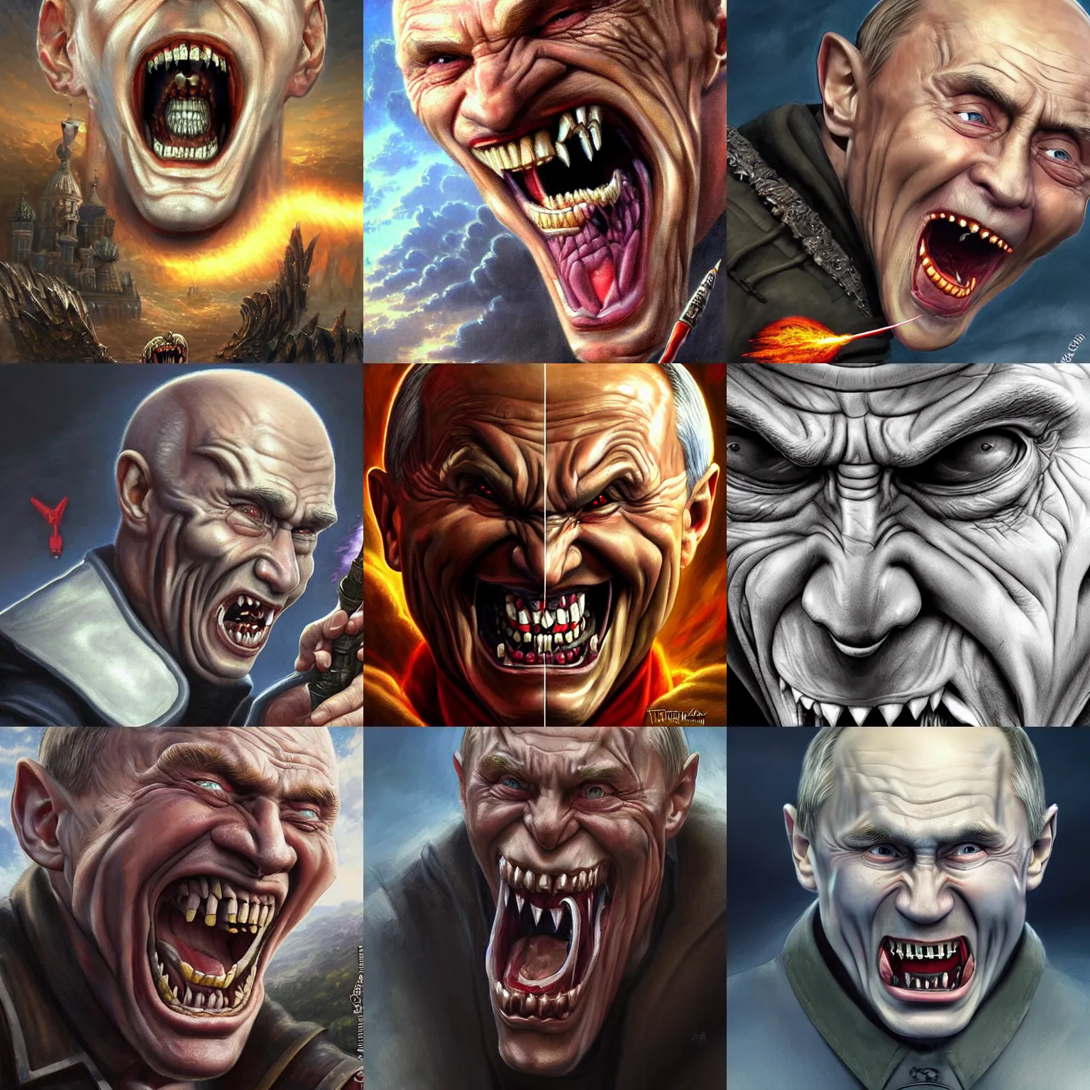 Prompt: very old and angry vladimir putin as an evil daemon baring his teeth, very detailed, threating by a model of a cruise missile. artwork by artgerm, wide angle, fantasy, highly detailed, digital painting, artstation, smooth, sharp focus, art by thomas kinkade and h. r. giger and tyler edlin