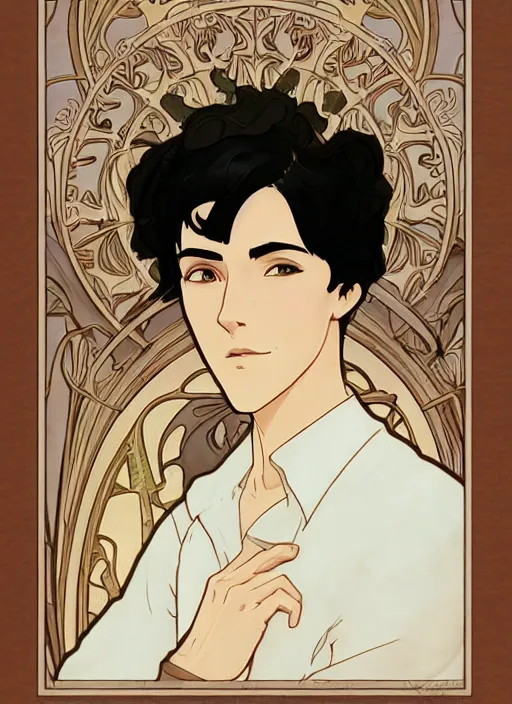 Prompt: well - lit art nouveau portrait of a young man with short black hair, natural lighting, path traced, highly detailed, high quality, cartoon, digital painting, by don bluth and ross tran and studio ghibli and alphonse mucha