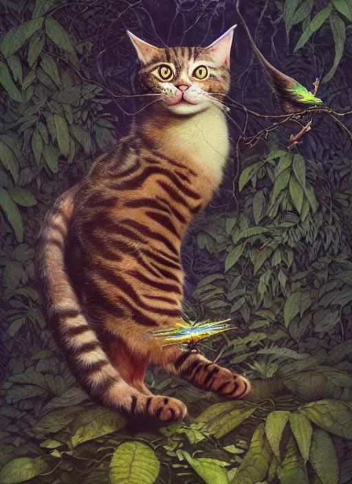 Image similar to a hyper realistic cat witch bird creature in the woods gorgeous lighting, lush forest foliage painting by chiara bautista and beksinski and norman rockwell and greg rutkowski weta studio, and lucasfilm