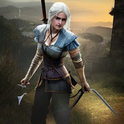 Image similar to Ciri from the Witcher standing on a roof holding a sword, realistic digital art.