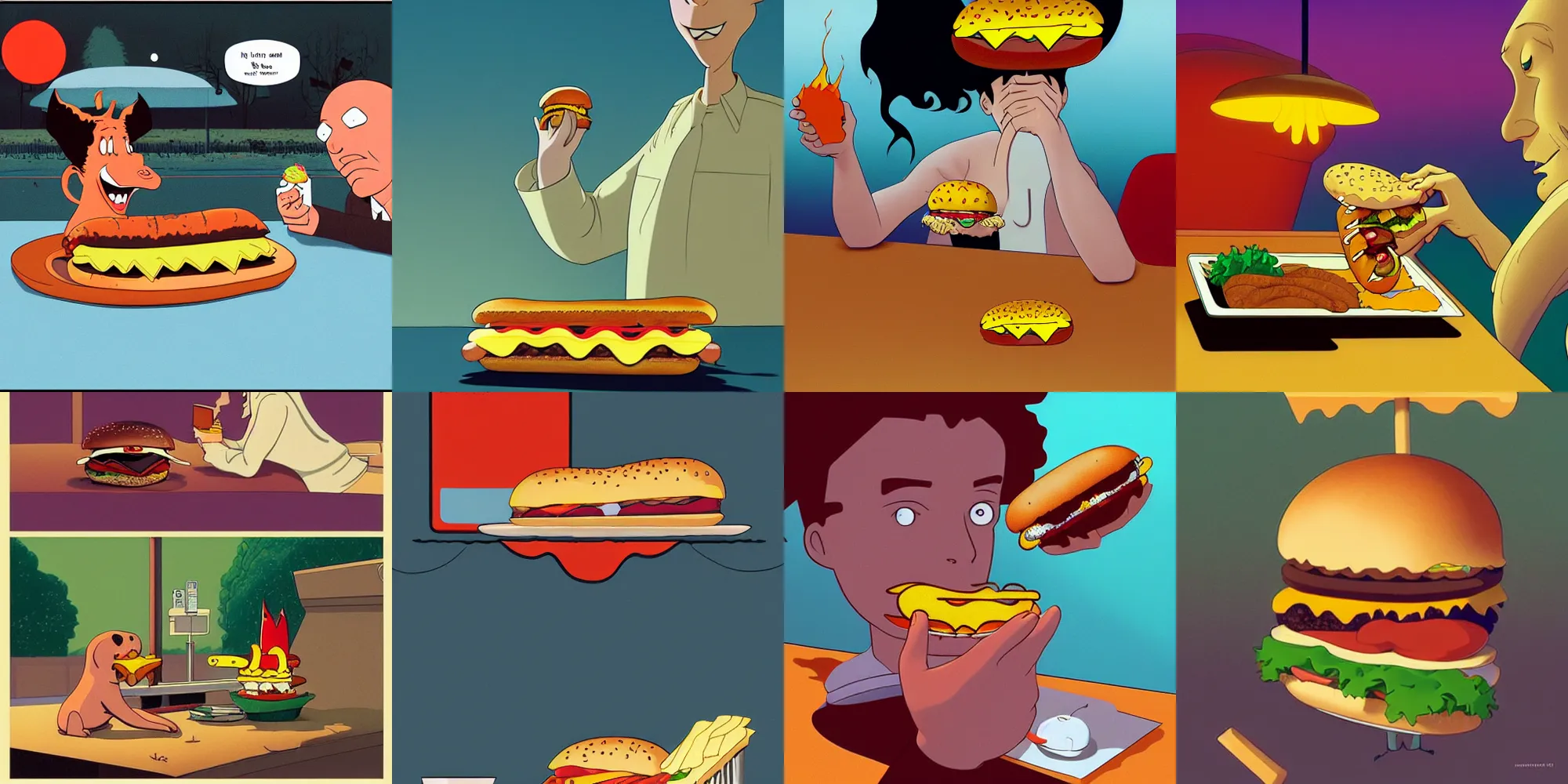 Prompt: a cartoon hot dog eating a burger, by michael whelan and tomer hanuka, by makoto shinkai and thomas kinkade, by herge, trending on artstation