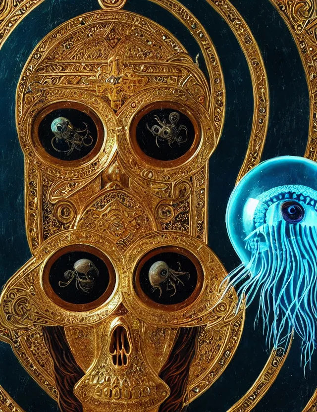 Image similar to russian orthodox icon macro close - up portrait with mask made of ram skull. betta fish, jellyfish phoenix, bioluminiscent, plasma, ice, water, wind, creature, super intricate ornaments artwork by tooth wu and wlop and beeple and greg rutkowski