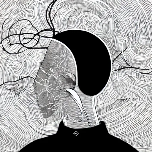 Image similar to a wandering mind, logo, simple white background victo ngai, kilian eng, black and white