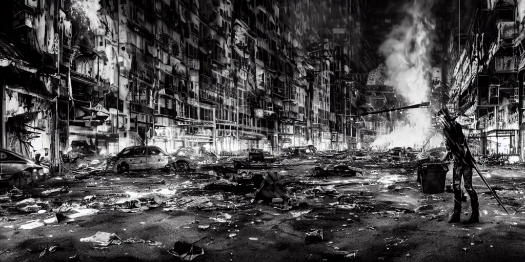 Image similar to post apocalyptic city, revolutionary punk masked up punk, fire, damaged, trash, full shot, by liam wong