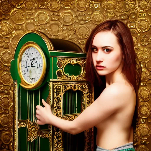 Image similar to lomo photograph, intricate detail, hyper detail, young beautifull woman, joyfull, full body potrait holding a timemachine, hazel green eyes, realistic, highlydetailed, natural, model shoot, masterpiece, sharp focus,