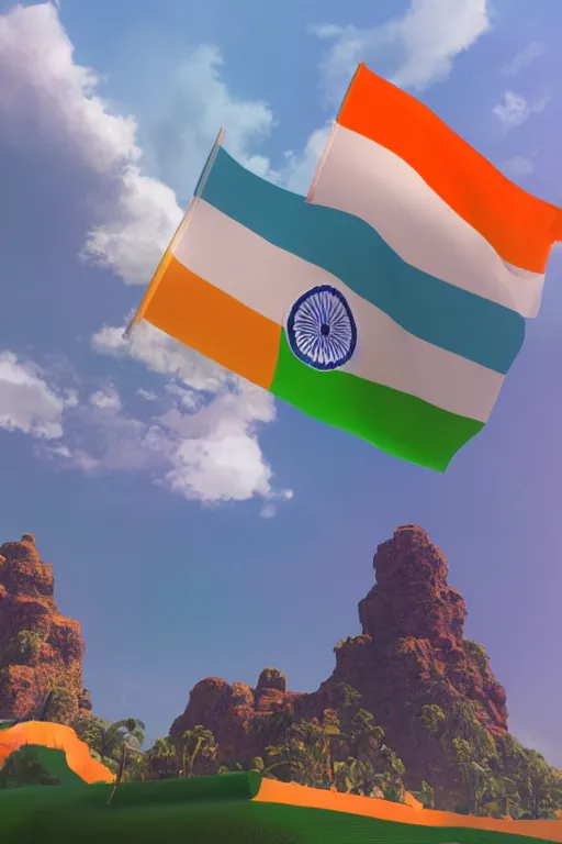 Prompt: indian flag, 3 d, volumetric, clouds, octane, 3 d render, 3 ds max + vray, art by beeple, india, cinematic