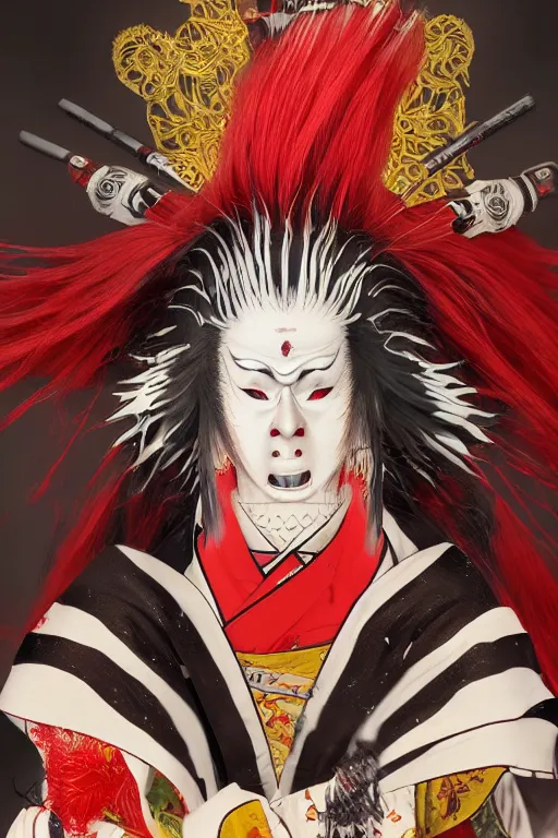Image similar to an epic portrait of insane kabuki wielding a spear, magical aura of insanity, intricate hakama, poofy red wig, high energy, dramatic lighting, trending on artstation,