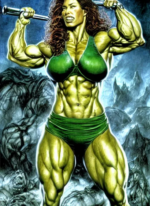 Image similar to jessica biel as she - hulk lifting barbell in overhead press. green skinned, muscular, bodybuilding woman, wheyfu. illustration luis royo, boris vallejo, detailed, realistic