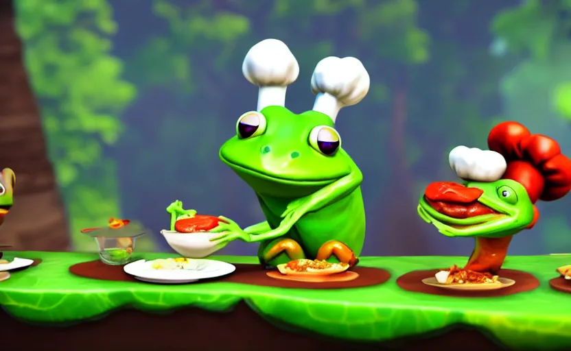 Image similar to ps 4 game about a cute frog chef, unity screenshot,