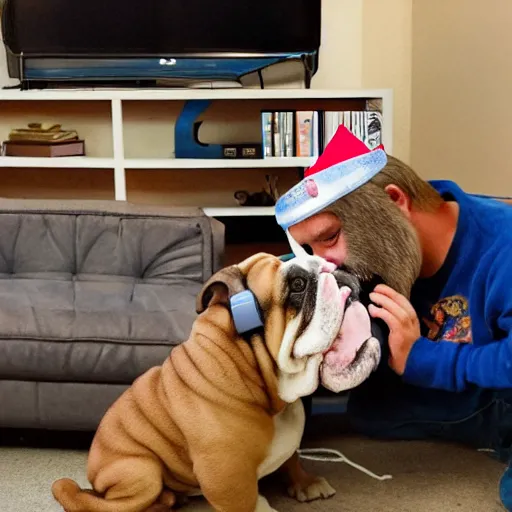 Prompt: Buddy the graying middle aged homeless man playing xbox and petting an english bulldog wearing a crown, dog wearing a crown